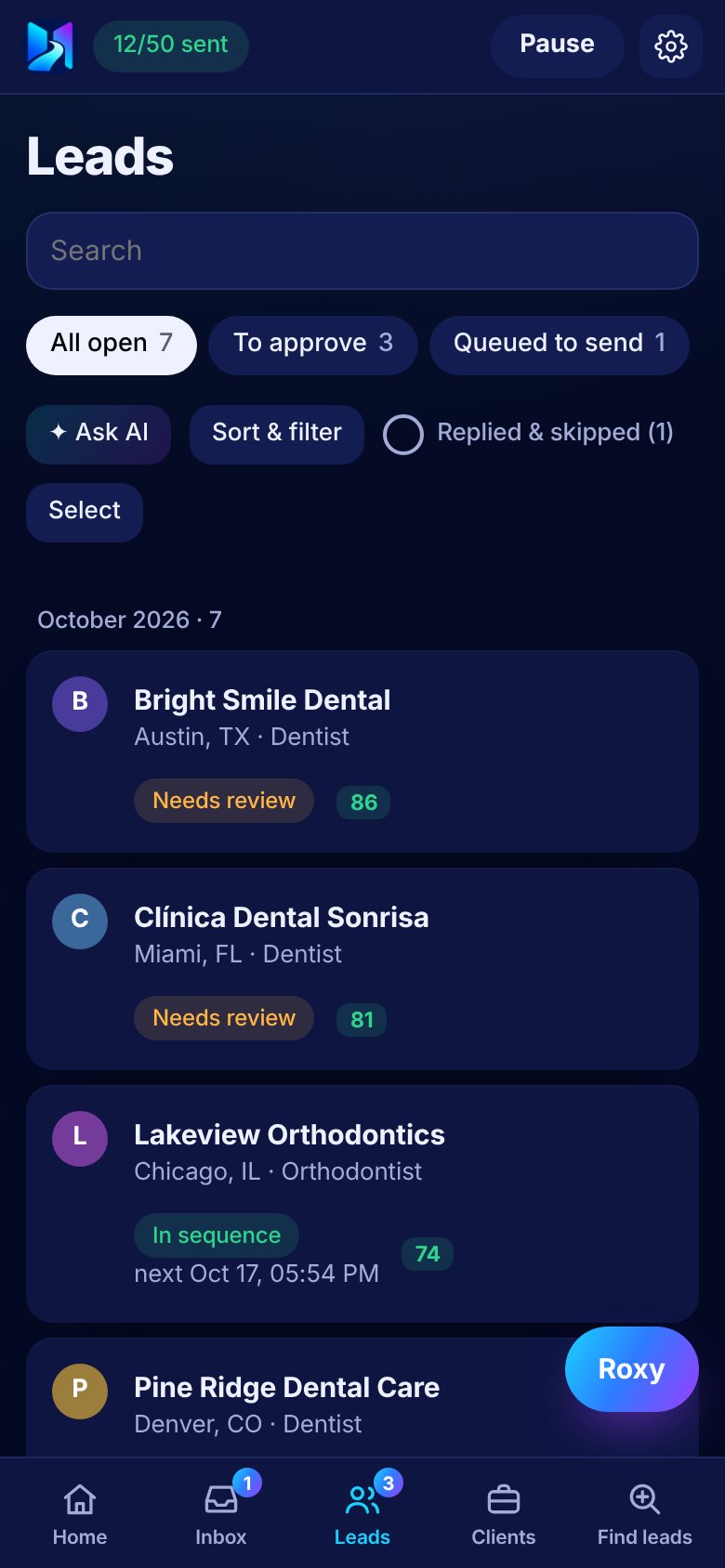 The Noviram Outreach Leads page on a phone: dentists in Austin, Miami and Chicago with fit scores, drafts to approve and follow-ups in progress