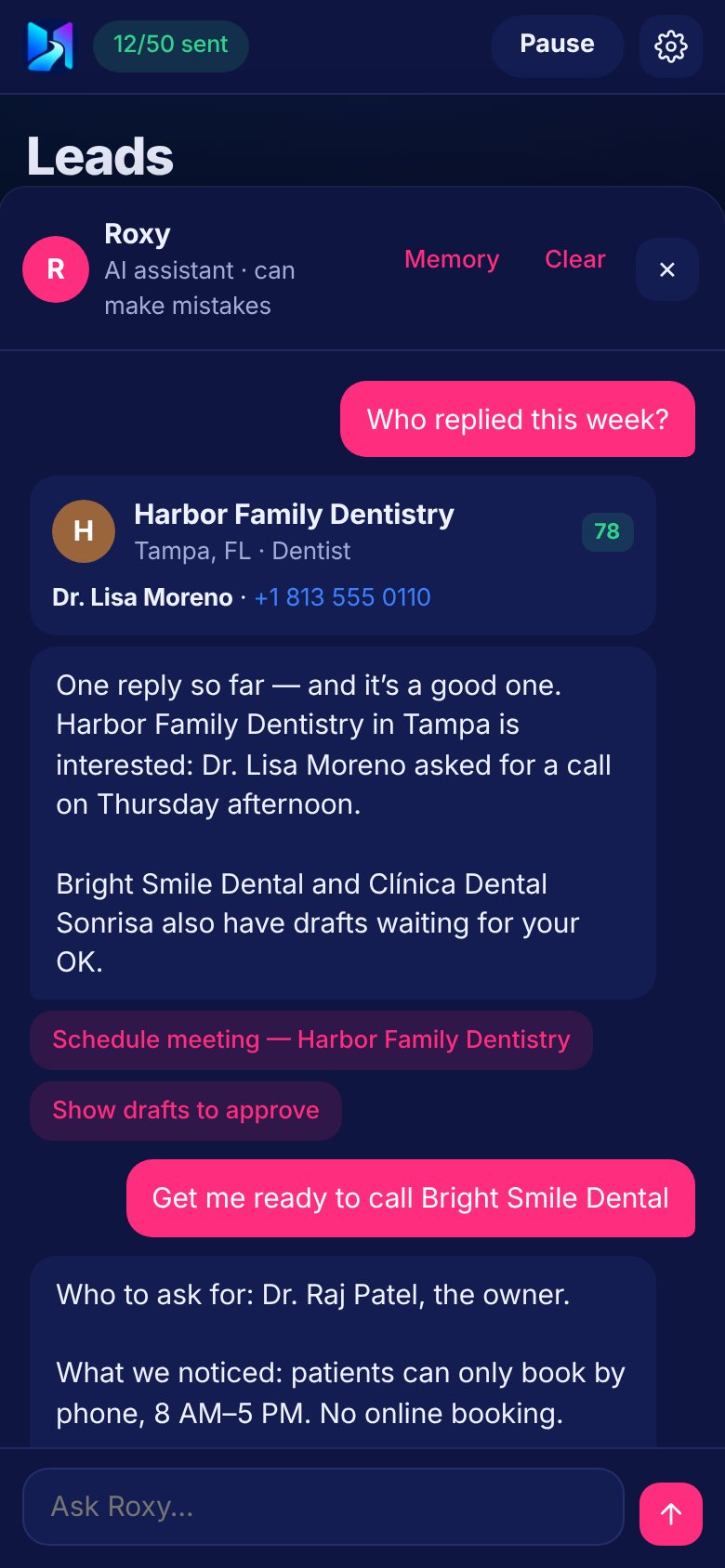 Roxy, the assistant in Noviram Outreach, answering who replied this week and preparing a call to a dentist in Austin